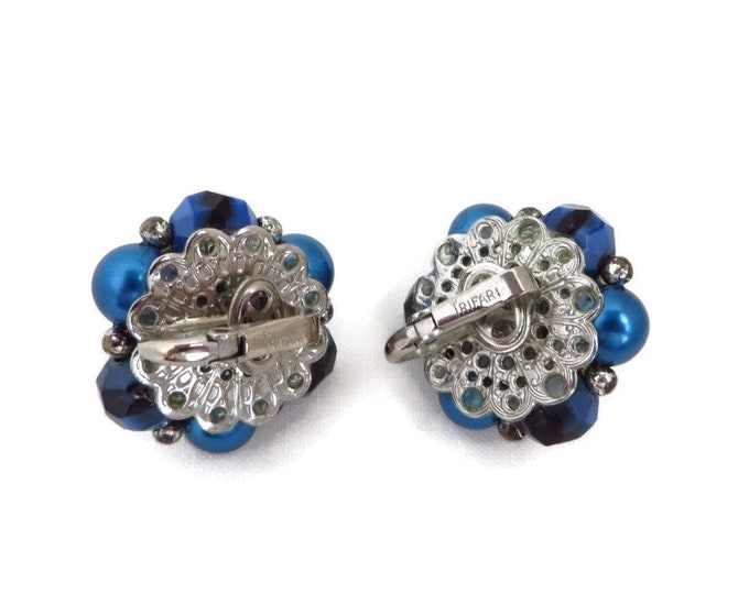 Trifari Blue Cluster Bead Earrings, Vintage Silver Tone Blue & Silver Bead Clip-ons
