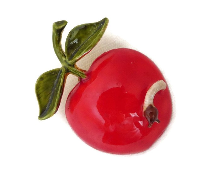 Red Apple Brooch, Vintage Apple Pin, Hattie Carnegie Vintage Jewelry, Red Fruit Brooch with Worm, Vintage Gold Tone Signed Designer Pin