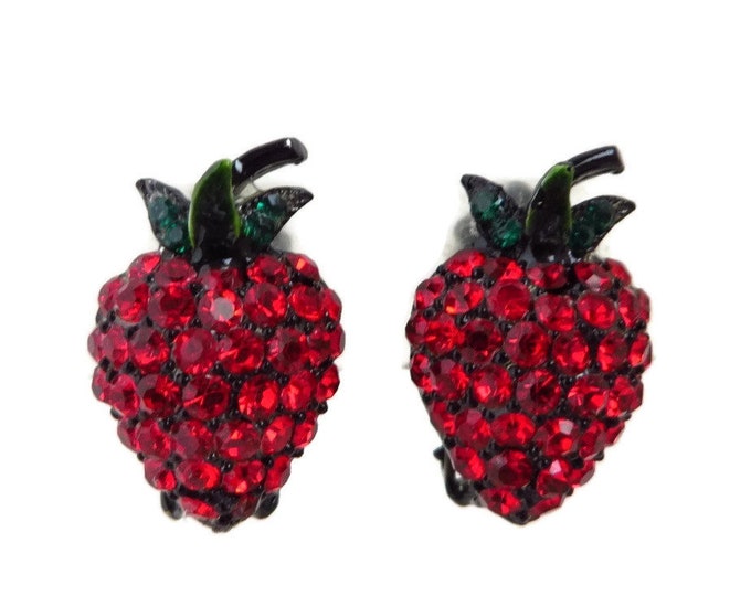 Earrings, Hollycraft Strawberry Earrings, Vintage Red & Green Rhinestone 1950s Clip-on Earrings, Gift for Her