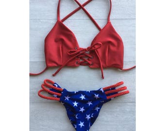 Patriotic Bikini, 4th of July Bikini, Lace Up Bikini, American Flag Bikini, Seamless Bikini made by SULTRY SWIMWEAR®