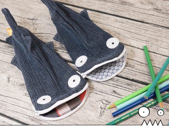 Pencil pouch, Fabio the Shark --- upcycled pencil case, eco freindly, school supplies, kids gift, teacher gift, Handmade by Les Funky