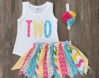 Girls 2nd Birthday Outfit, Girls "TWO" Birthday Shirt with Matching Fabric Rag Tutu Skirt, Size 2T, Ready to Ship