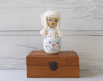 Vintage Hand Painted Swedish Wood Doll, Vintage Wooden Swedish Folk Art Doll