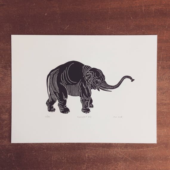 Elephant Linocut Print // Handmade // Original // Limited