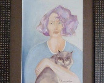 Cat in pastel Tableau chalk art Dianou and her Kitty