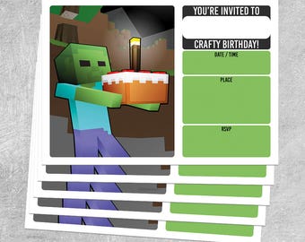 5 x BIRTHDAY INVITATIONS - Zombie Cake - Minecraft themed