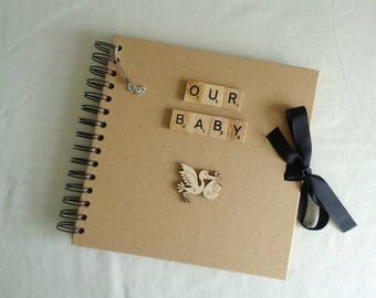 Baby shower album, Baptism Gift idea, Rustic keepsake scrapbook, Christening photo album, New Parent gift, First birthday present,