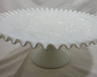 White Milk Glass Cake Stand - Measures 5 inchTall x 12 inch Top x 5 inch Base - Not Marked - Great Condition