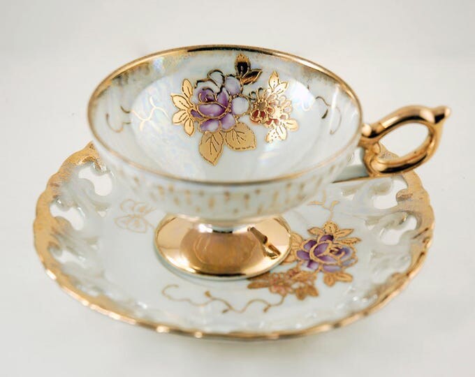 Tea Cup and Saucer, Vintage 1950s Reticulated Porcelain Lusterware and Gold, Pink Rose and Butterfly Design, Collectors Item Made in Japan