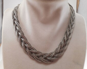 Vintage Silver Tone Woven Bib Choker Snake Chain Necklace 16 inch