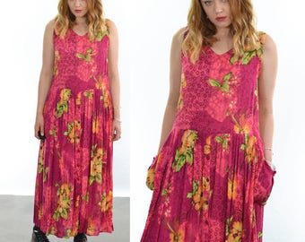 Vintage 80's Pink Floral Print Maxi Dress