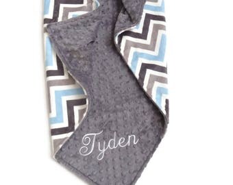 Personalized Baby Blanket or Lovey - Baby Boy blanket or Lovey - Custom Made - You Choose Minky Color - Blue and Gray Chevron, Baby Blue