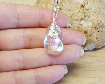 Angel Aura Quartz Pendant. Reiki jewelry uk. Silver plated wire wrapped necklace.