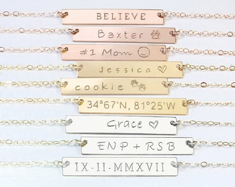 Personalized Gold Bar Necklace, Engraved Custom Name Necklace Rose Gold Bar Monogram Roman Numerals necklace Coordinates Bridesmaid gift