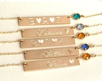 ON SALE Birthstone Necklace Bar Necklace Name Necklace Personalized Swarovski Birthstone Jewelry Bar Necklace Monogram Necklace - Engraved N