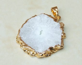Solar Quartz Pendant - Druzy Pendant - Flower Stalactite - Gold Plated Edge and Bail - 28 mm x 29 mm - 4248
