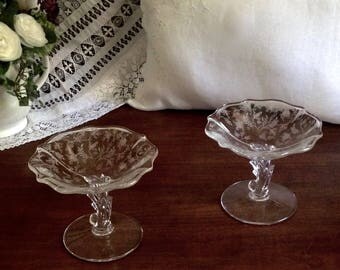 Pair of small Fostoria elegant glass compotes in chintz pattern.