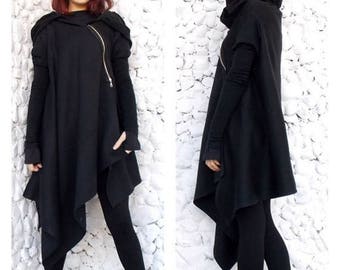 SALE 20% OFF Asymmetric Extravagant Black Coat, Black Extravagant Coat, Loose Black Hooded Jacket, Black Hoodie TC03 by Teyxo