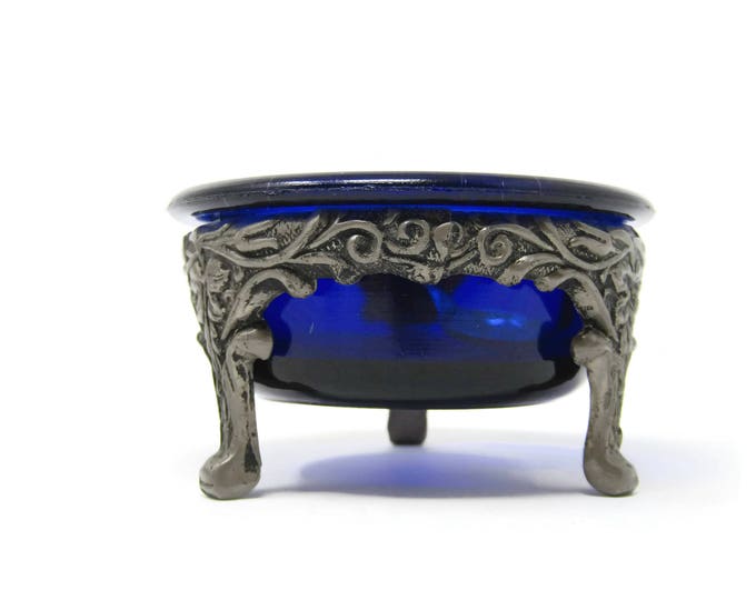 Vintage Cobalt Blue Glass Open Salt Cellar in Ornate Metal Stand - Vine Art Nouveau Nut Dish or Master Open Salt Dish