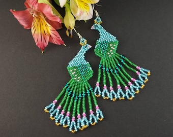 Dangle earrings Peacock feather earrings Green bird earrings Peacock wedding Light blue Dangling earrings Statement earrings Gift|For|Girl