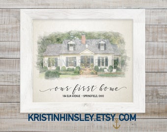 Custom House Portrait, Watercolor Painting, Valentine's Gift Personalized, First Home Gift, Paper Anniversary Gift, Closing Gift, House gift