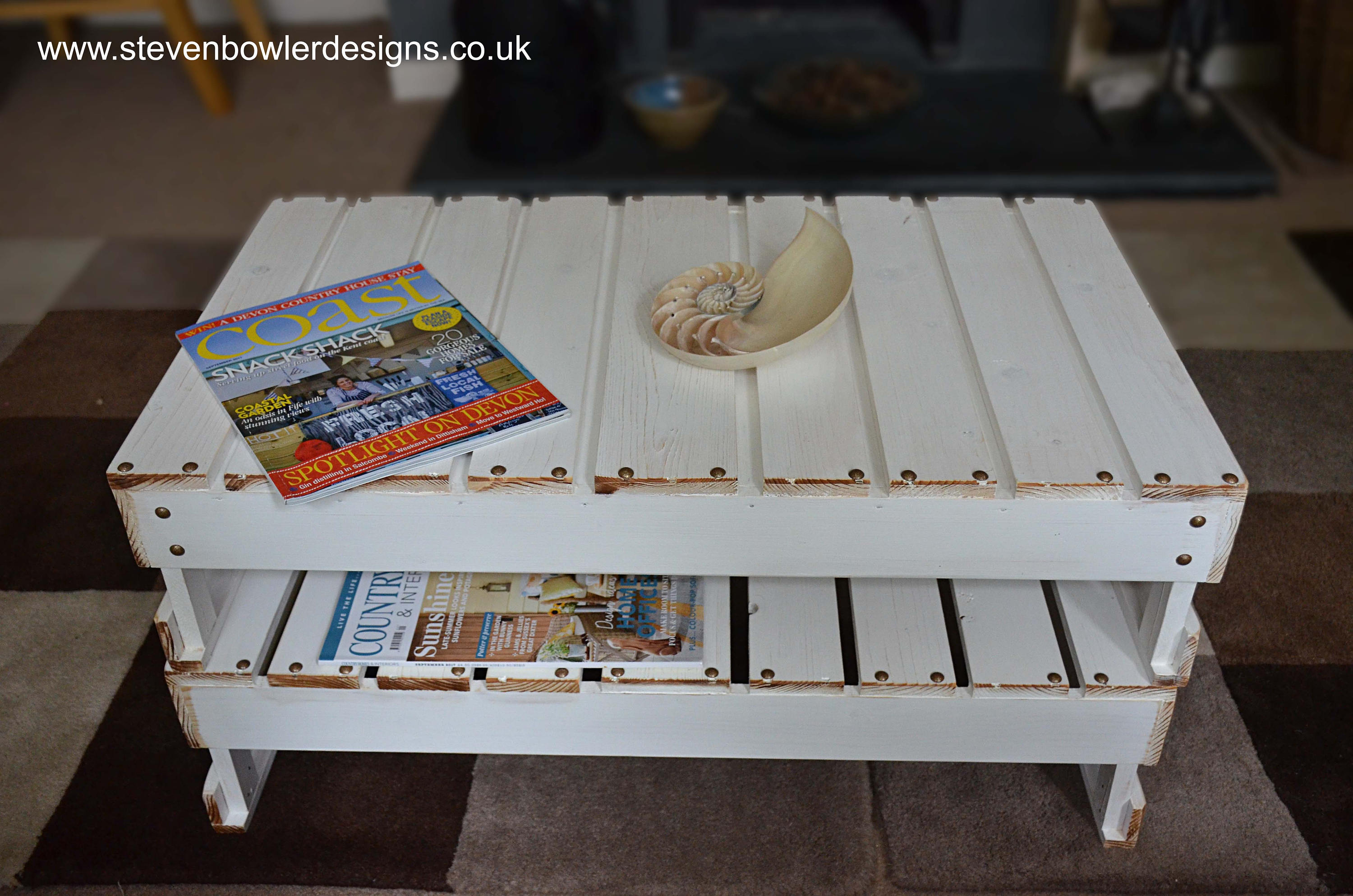 White Nautical Reclaimed Wood Coffee Table with Handy Under