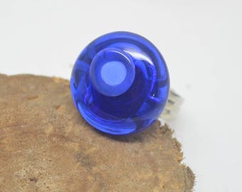 Blue multicolor Lampwork Glass intense silver Adjustable ring