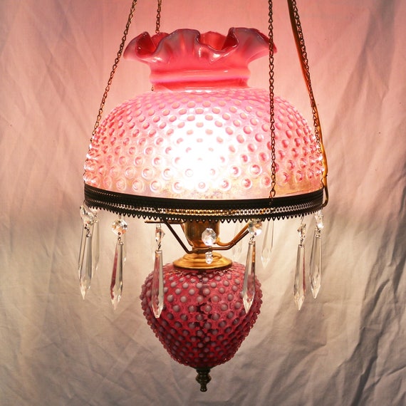 Fenton Cranberry Opalescent Hobnail Glass Crystal Swag Lamp 0777