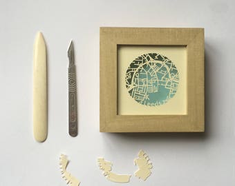 Handcut Papercut map of Leeds in a box frame