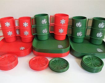 Vintage Tupperware Christmas Plates, Mugs, Coasters - CHOICE of red, green or mixed 4 place settings - 1534, 1313, 1312, snowflake,dove,Xmas