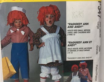 Adult Raggedy Ann, Raggedy Andy, Costume Pattern, McCall's P 347, Sewing Pattern, Pullover Dress, Apron, Bloomers, Halloween Costume,Red Wig