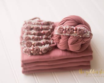 Dusty Rose Pearled Set: mauve pink baby headband; newborn stretch wrap; newborn photography prop; baby girl photo prop; baby girl headband