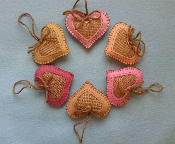 Valentine's Wool Felt and Burlap Hearts set of 6