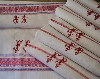 Antique french linen tablecloth and 6 towels, 1870, Jacquard linen and FP monograms