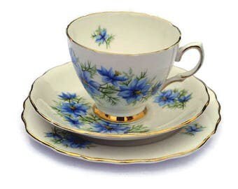 Tea Trio Tea Cup, Saucer & Tea Plate, Colclough China Nigella Blue Flowers