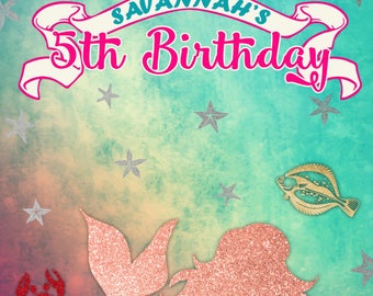 Custom Mermaid Backdrop Banner Sign Background Photo Booth (Many Sizes Materials Available) Birthday, Shower (Any Text)