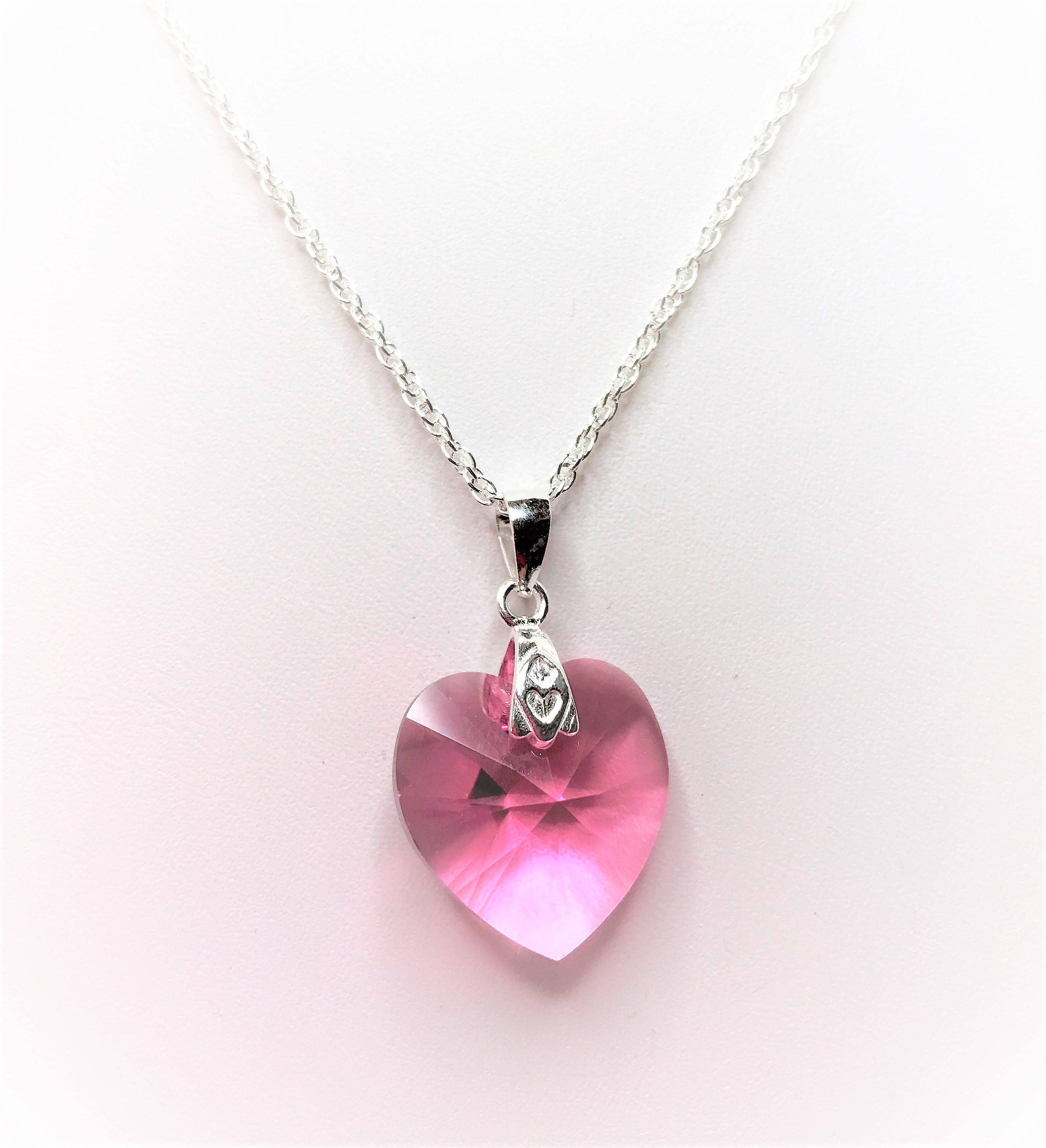 Pink Heart Pendant in Sterling Silver Swarovski Crystal Pink