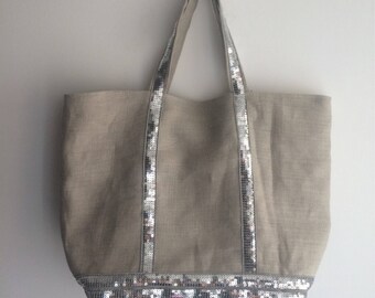 Heavy linen tote bag beige grey silver sequins / sac cabas sac a paillettes en lin beige grisé et sequins gris argentés