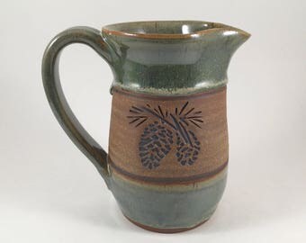 Pottery Pitcher, Ceramic Pinecone Design Pitcher, Handmade Serving Pitcher, Stoneware Pottery Pitcher, Wedding Gift, Ready to Ship