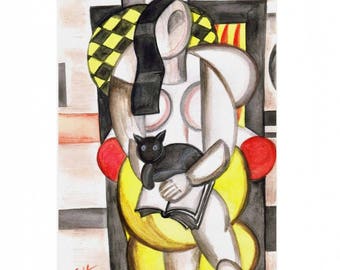"Watercolor"la femme au chat"