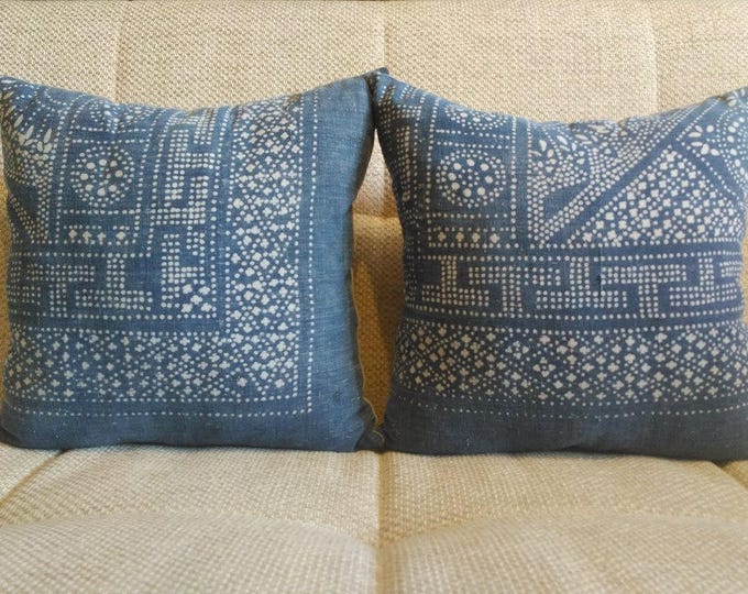 18"x18" Vintage Indigo Batik Pillows, Old Chinese HMONG Batik Fabric Pillow Case, Ethnic Costume Textile Cushion Cover