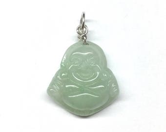 Jade Buddha Pendant, Carved Jade Pendant, Jade Smiling Buddha Pendant, Carved Pale Green Jade Laughing Buddha 925 Sterling Silver Pendant