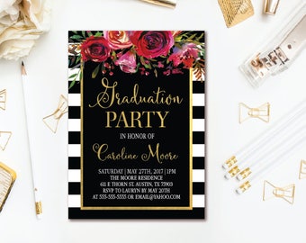 Floral Graduation Invitation - Black Stripe Red Watercolor Floral Graduation Party - Printable Invites