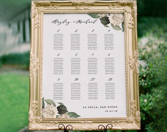 Greenery Wedding Seating Chart Template, Seating Plan, Vintage Floral Seating Chart Poster, Editable in Word or Pages