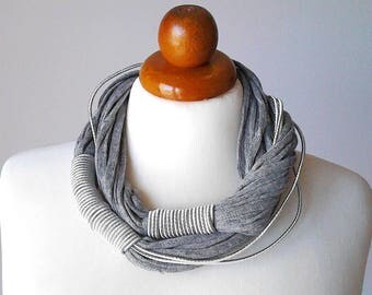 Statement Necklace Grey Jewelry grey necklace chunky necklace statement collar necklace fiber necklace big bold necklace silver bib necklace