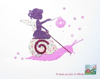 Applied fusing fairy on snail in liberty Phoebe purple and pink. iron on fusing en tissu liberty liberty patch