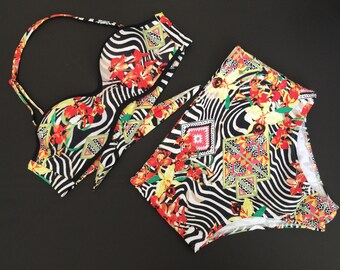 High Waisted Bikini. Pin Up. Printed All Over. Top with Cups. Cheeky Bottom THONG or CULOTTE.