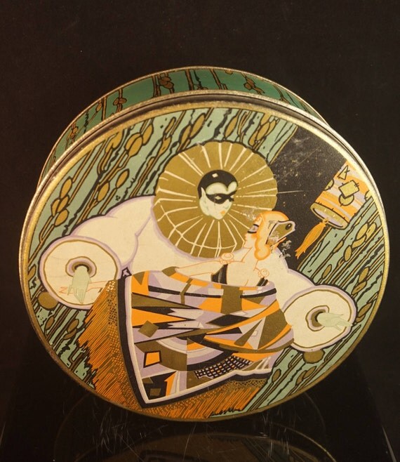 Art Deco Harlequin Pierrot bisquit candy tin - European Deco collectible and very rare cookie tin - Masquerade man and woman in love