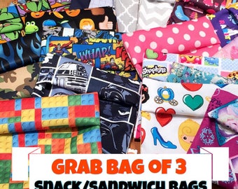 Snack Bags, Sandwich Bags, Lunch Bags, Reusable Snack Bags, Grab Bag of 3 - Water Resistant/Dryer Safe!