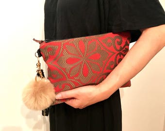 Damask Clutch bag with Pom pom keychain, detachable wristlet strap, Gifts for her, holiday gift, Makeup bag, zip clutch bag.